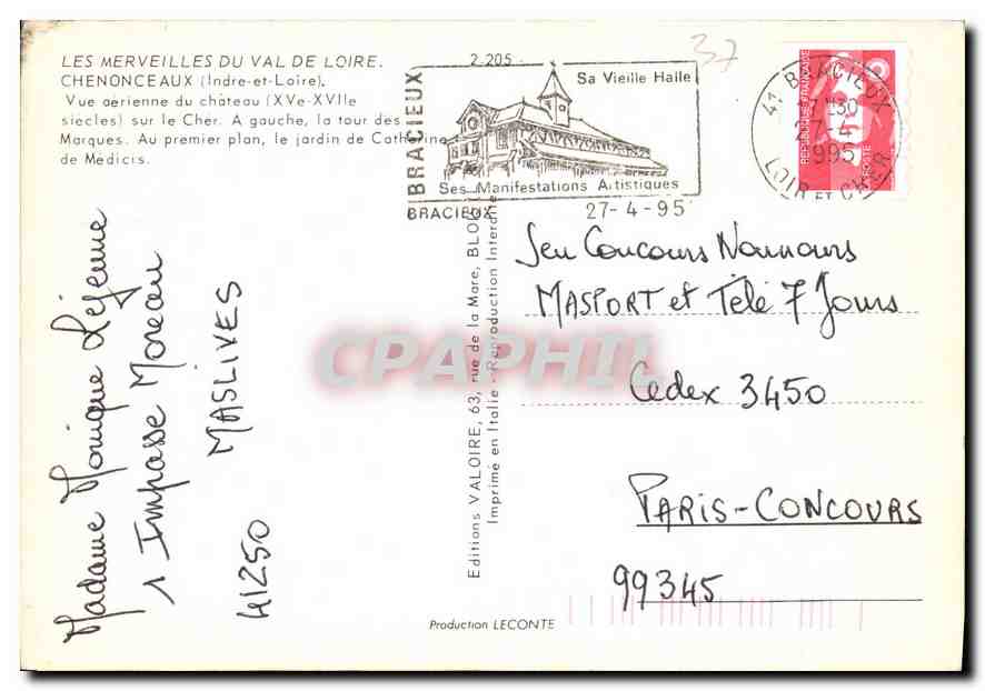 CPM les Merveilles du Val de Loire Chenonceaux Indre et Loire Vue aerienne du Chateau  — Rückseite