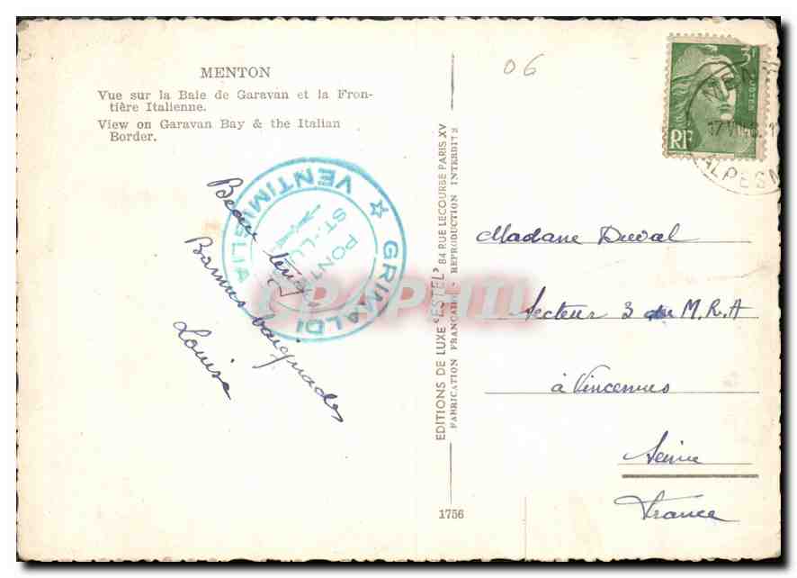 CPM Menton Vue sur la Baie de Garavan et la Frontiere Italienne  — Rückseite