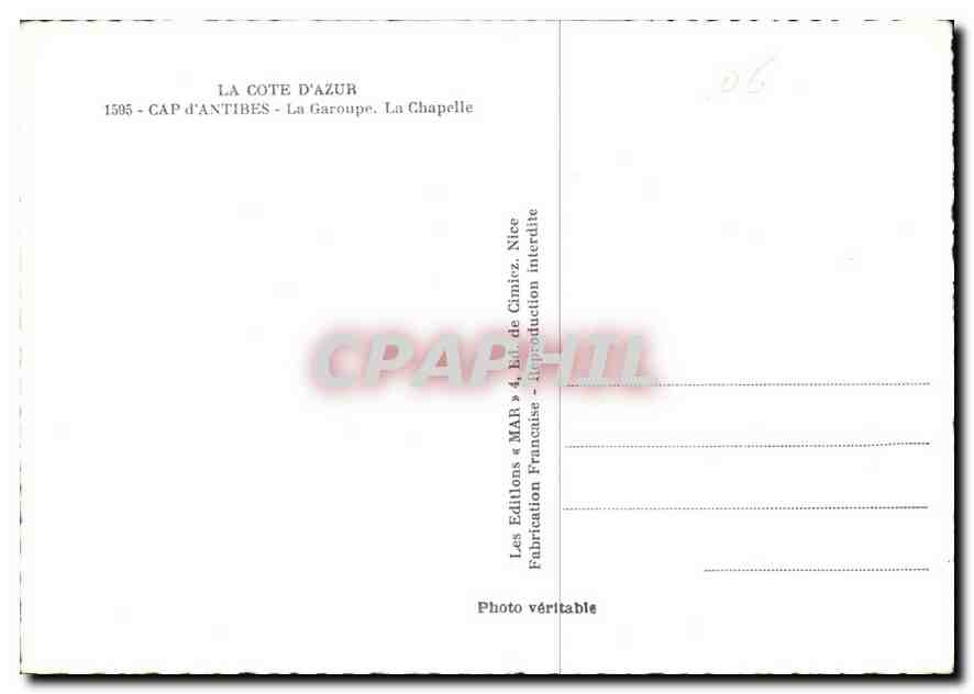 CPM La Cote d'Azur Cap d'Antibes La Garoupe La Chapelle  — Rückseite