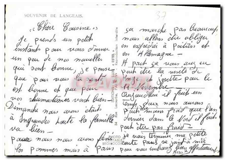 CPA Souvenir de Langeais  — Rückseite