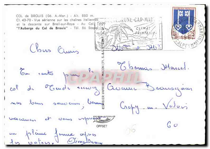 CPM Col de Brouis A Mar Vue aerienne sur les chaines italiennes  — Rückseite