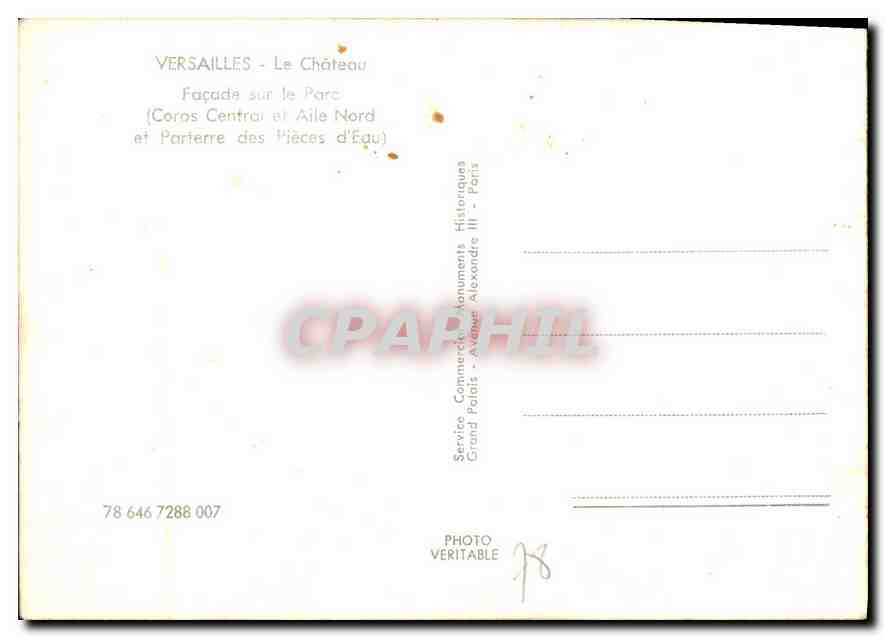 CPM Versailles Le Chateau Facade sur le Parc  — Verso