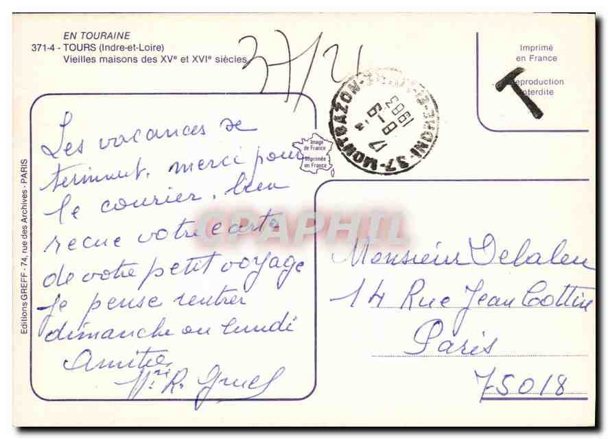 CPM Tours Indre et Loire Vieille maisons  — Verso