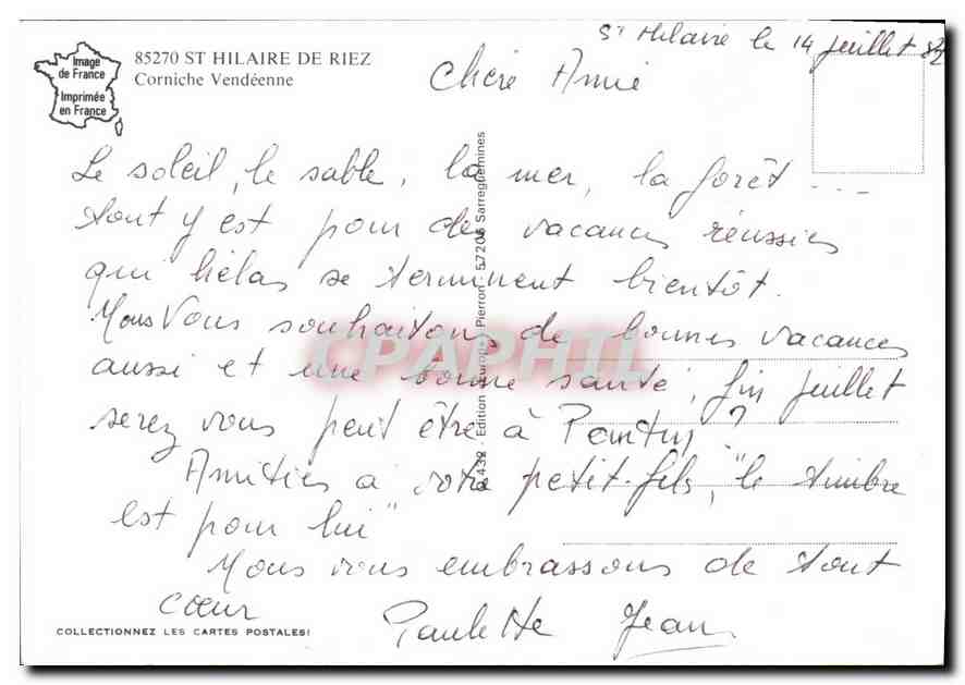 CPM St Hilaire de Riez Corniche Vendeenne  — Back