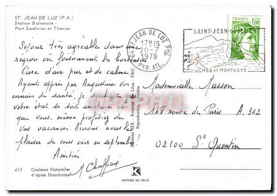 CPM St Jean de Luz PA Station Balneoire Port Sardinier et Thanier  — Verso