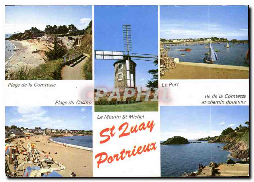 St Quay-Portrieux — Panoramablick mit Strand, Mühle und Hafen — Graphique