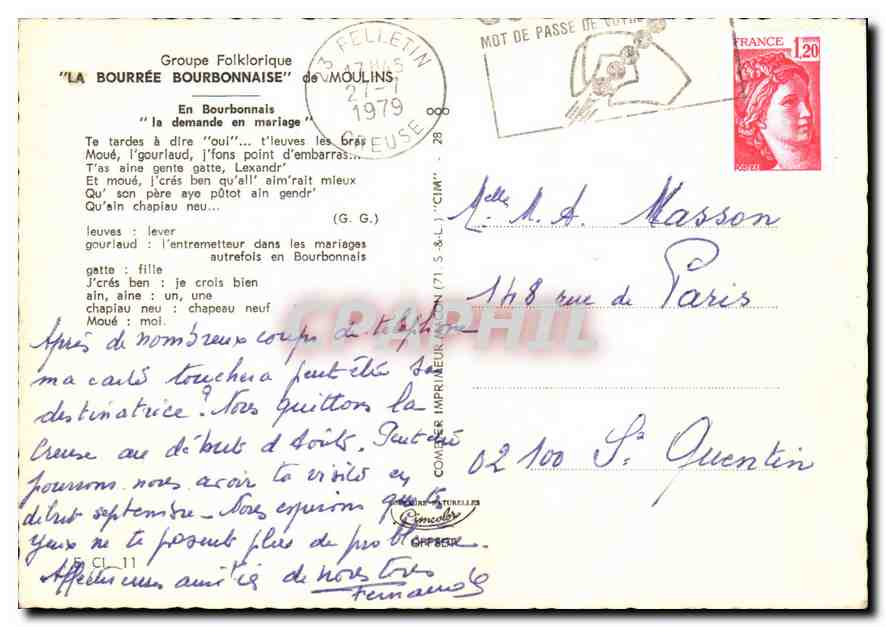 Szenen aus dem Leben in der Burgund — Volksgruppe 'La Bourrée Bourbonnaise' — Verlag Concollier — Rückseite
