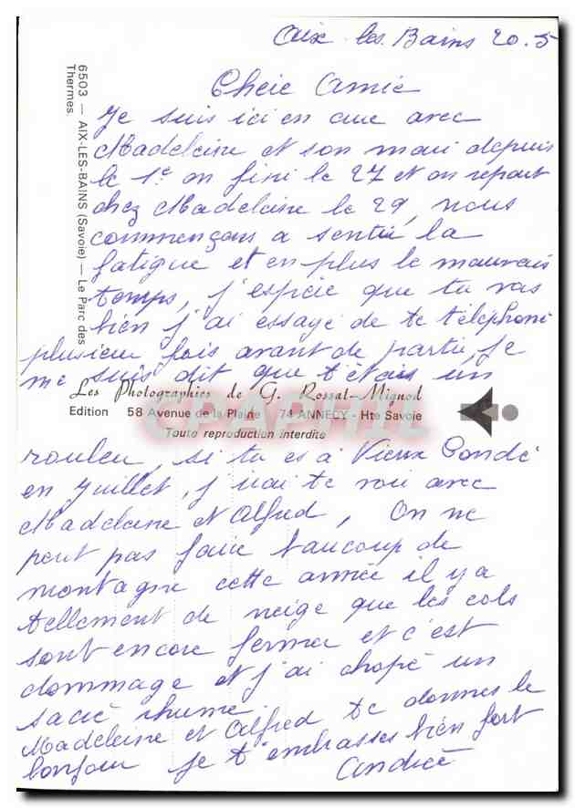 CPM Aix les Bains Savoie Le Parc des Thermes  — Verso
