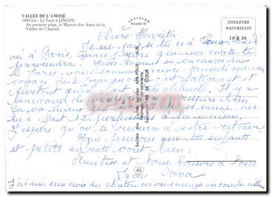 Vallée de l'Amitié — Le Tarn à Linçou — Société des Cartes Postales A.P.A. de Cœur — Verso