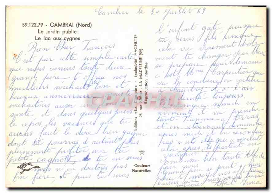 CPM Cambrai Nord Le jardin public Le lac aux cygnes  — Rückseite