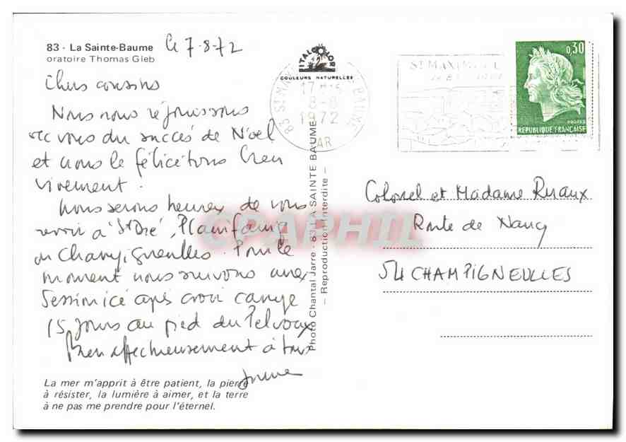 CPM La Sainte Baume oratoire Thomas Gieb  — Verso