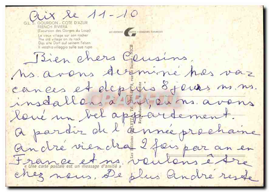 CPM Gourdon Cote d'Azur French Riviera  — Verso