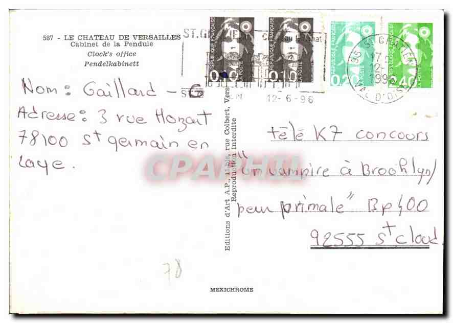 CPM Le Chateau de Versailles Cabinet de la Pendule  — Verso