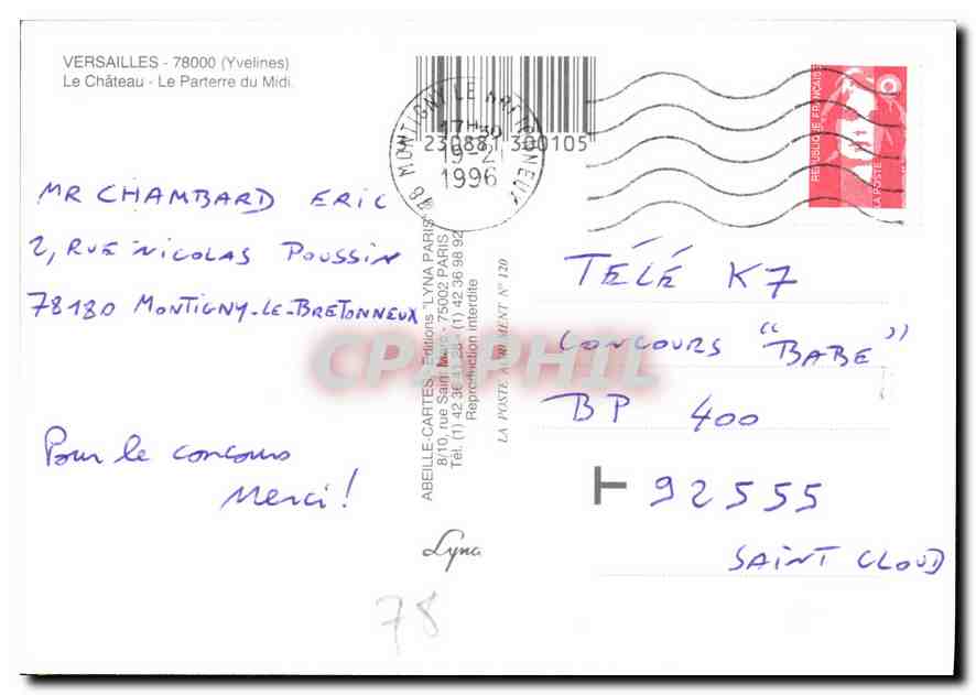 CPM Versailles Yvelines Le Chateau Le Parterre du Midi  — Verso