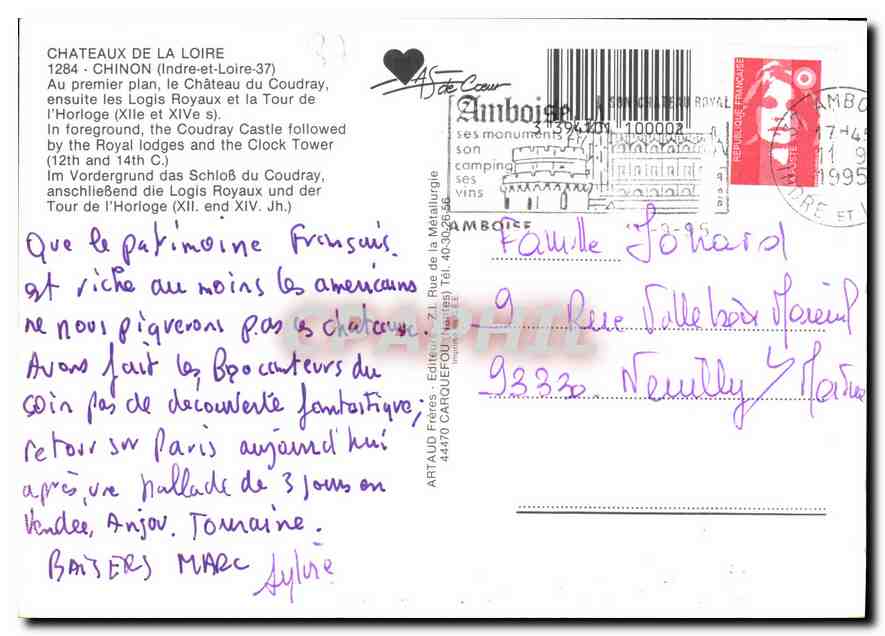 CPM Chinon Indre et Loire Au premier plan le Chateau du Coudray  — Rückseite