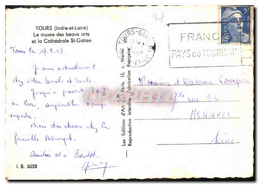 CPM Tours Indre et Loire Le Musee des beaux arts et la Cathedrale St Gatien  — Rückseite