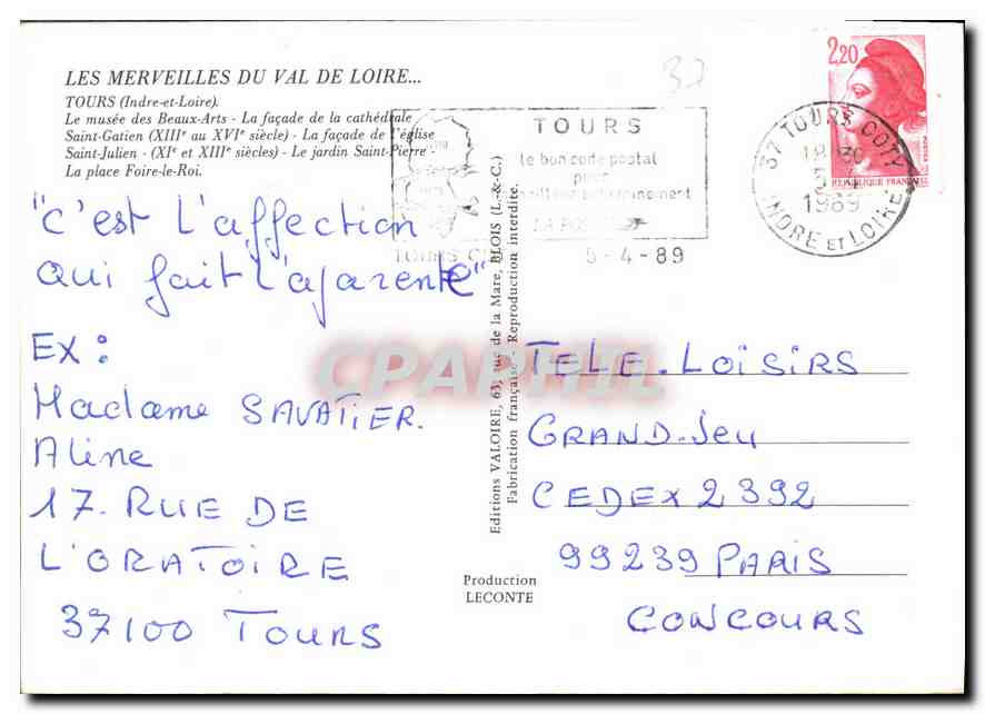 CPM Tours Indre et Loire Le Musee des Beaux Arts  — Rückseite