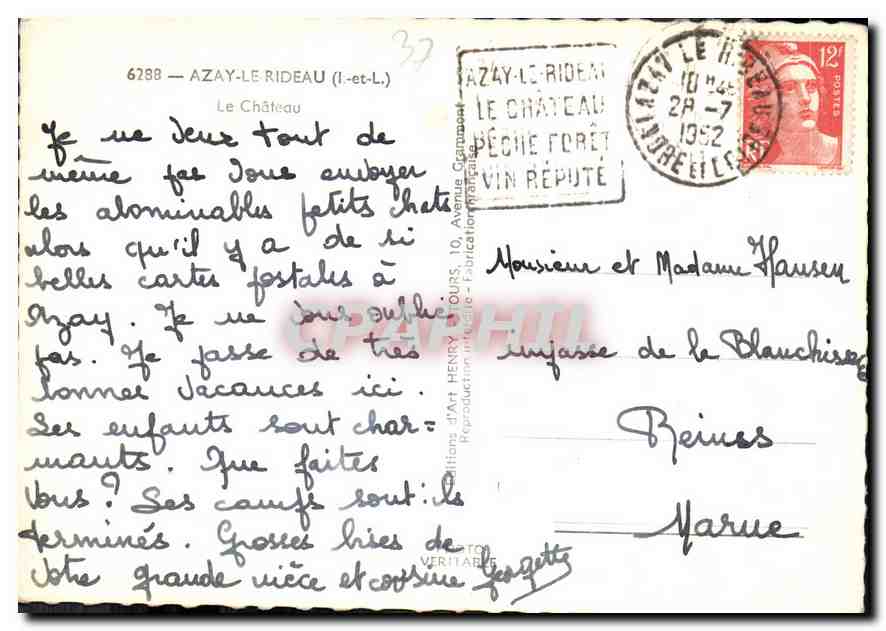 CPM Azay le Rideau I et L Le Chateau  — Rückseite