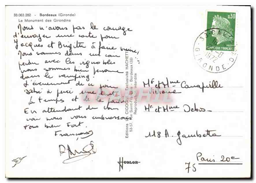 CPM Bordeaux Gironde Le Monument des Girondins  — Verso
