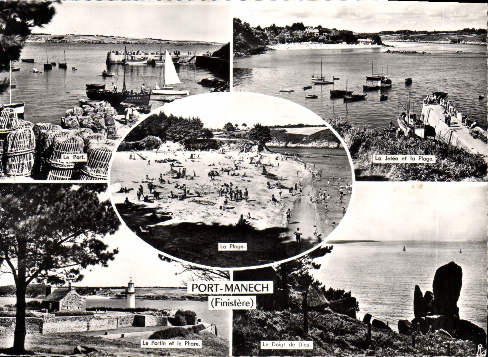 CPM Port Manech Finistere Le Port La jetee et la plage Le Fortin et le phare Le doigt de Dieu