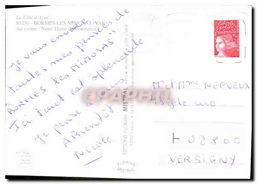 CPM La Cote d'Azur Bormes les Mimosas Var au centre Notre Dame de Constance  — Rückseite
