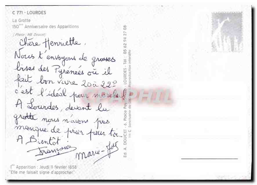 CPM Lourdes la Grotte Anniversaire des Apparitions  — Verso