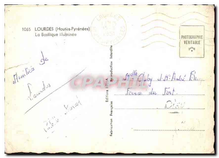 CPM Lourdes Hautes Pyrenees La Basilique Illuminee  — Verso