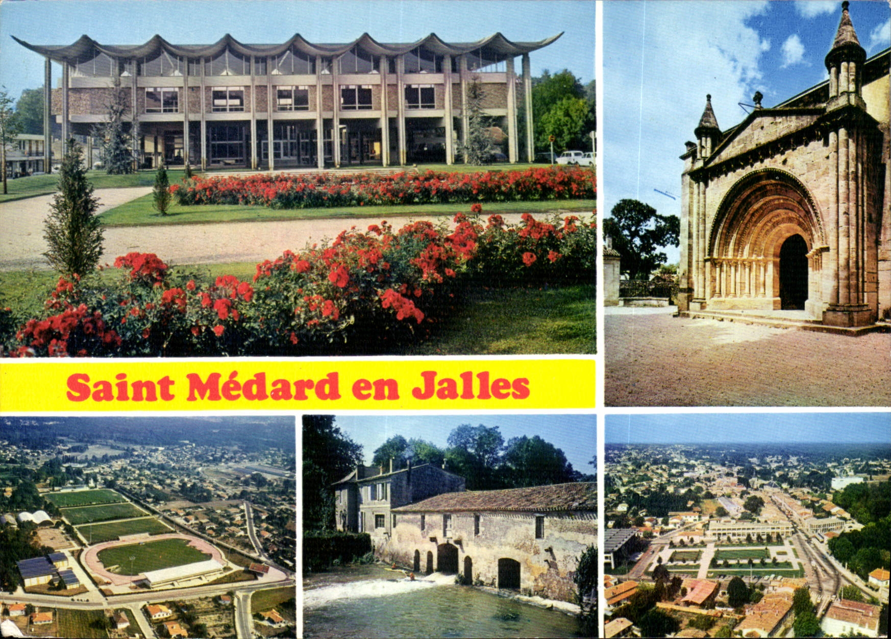 Saint Médard en Jalles — vue de l'église, du bâtiment moderne, du stade et du fleuve — Combière Imprimeur