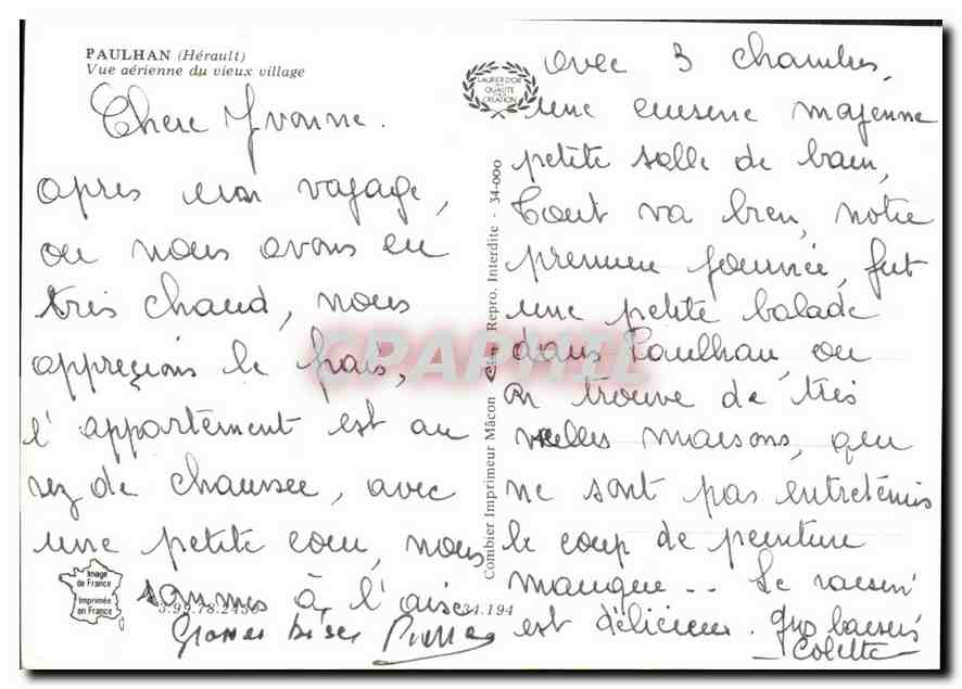 CPM Paulhan Herault vue aerienne du Vieux Village  — Rückseite