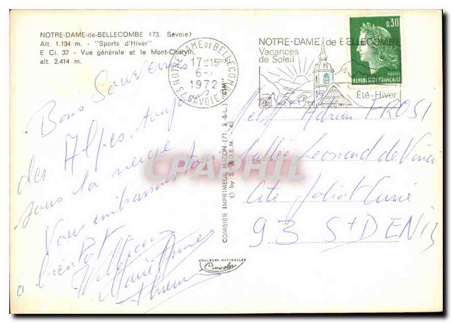 CPM Notre Dame de Bellecombe Savoie Sports d'Hiver vue generale et le Mont Charvin  — Rückseite