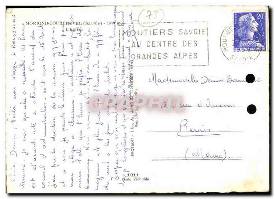 CPM Moriond Courchevel Savoie l'Eglise  — Rückseite