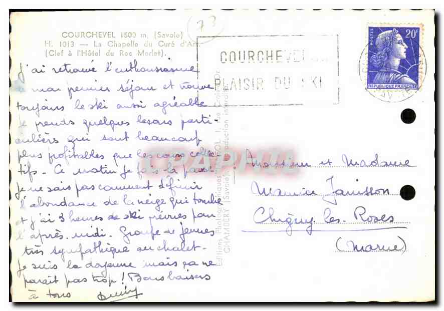 CPM Courchevel Savoie la Chapelle du Cure d'Ars Clef a l'hotel du Roc Morlet  — Rückseite