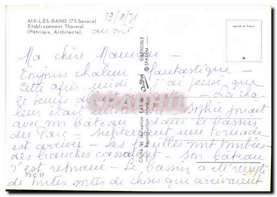 CPM Aix les Bains Savoie Etablissement Thermal Petriaux Architecte  — Verso