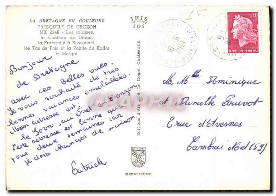 CPM La Bretagne en couleurs Presqu'ile de Crozon les falaises le Chateau de dinan la Fraternite a Ro — Rückseite