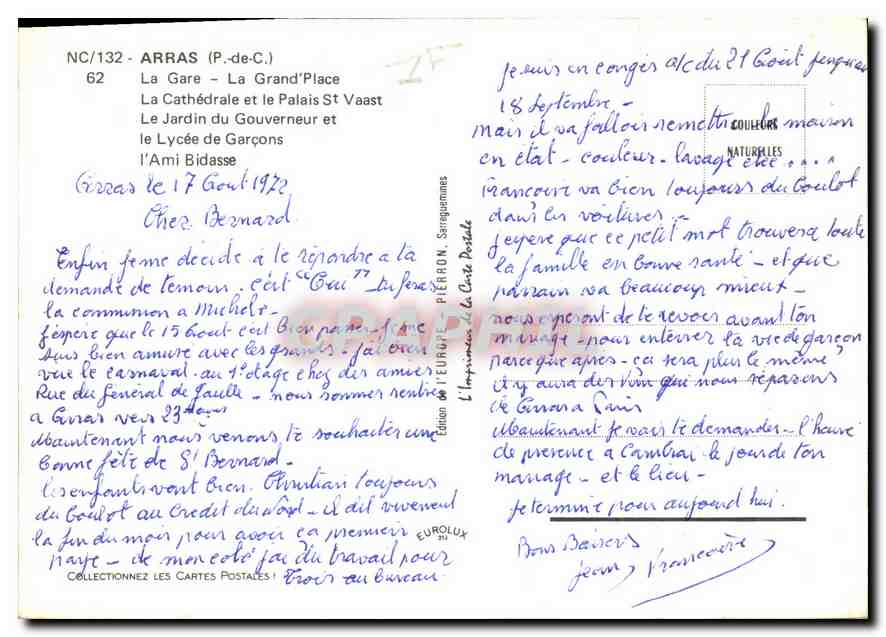 CPM Arras P de C la Gare la Grand Place la Cathedrale et le Palais St Vaast le Jardin du gouverneur  — Rückseite