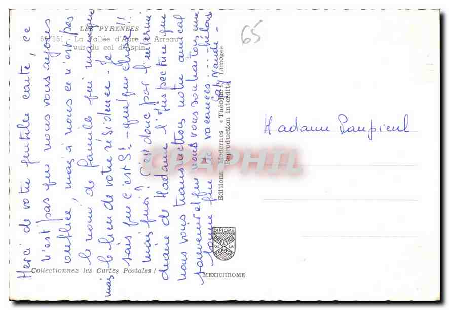 La Vallée d'Aure - Arrecour - vue du col d'Aspin — Éditions Diplôme, Lipopges — Verso