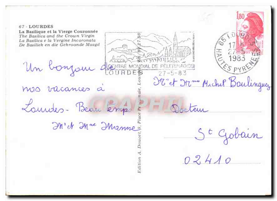CPM Lourdes la Basiliqye et la Vierge Couronnee  — Verso