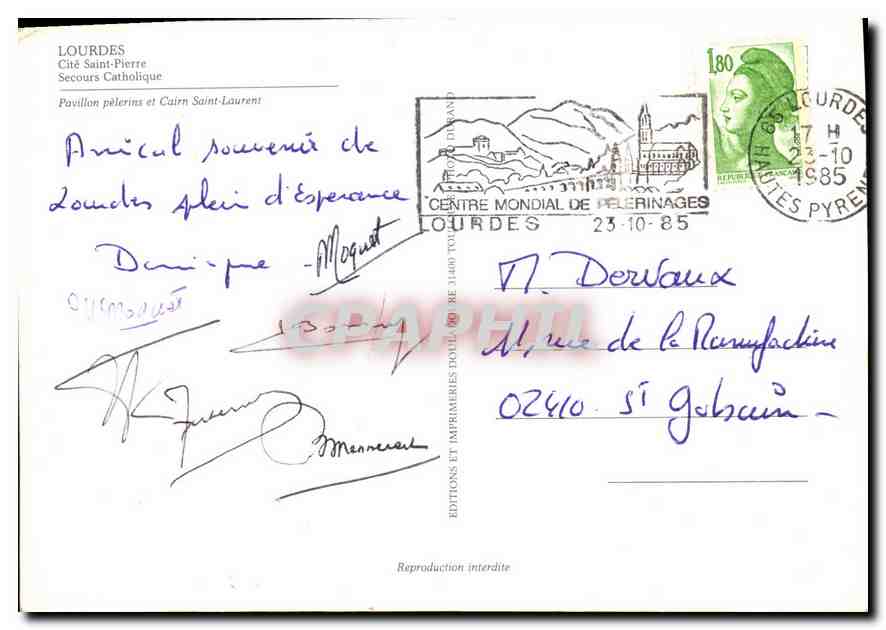 CPM Lourdes Cite Saint Pierre Secours Catholique Pavillon Pelerins et Cairn Saint Laurent  — Verso