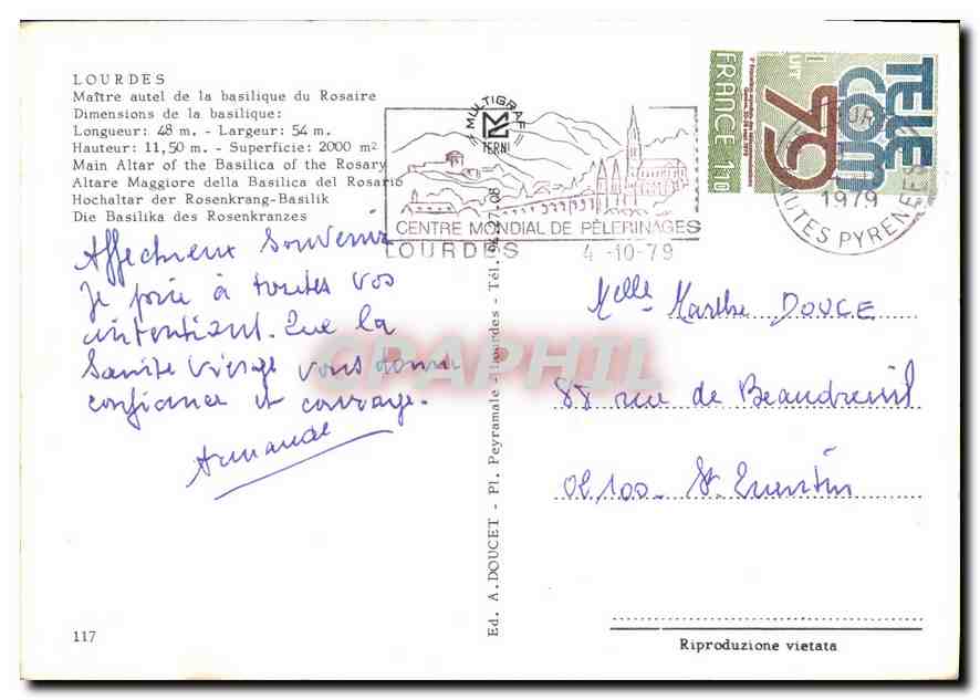 CPM Lourdes Maitre autel de la Basilique du Rosaire Dimensions de la basilique  — Verso