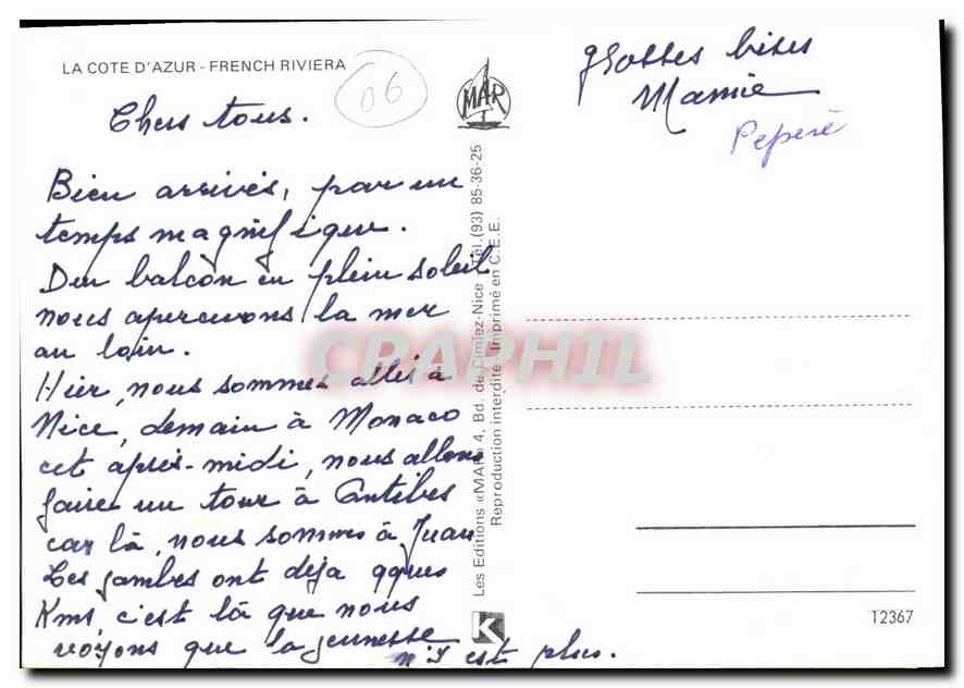 CPM La Cote d Azur Monaco Menton Grasse Cannes — Rückseite