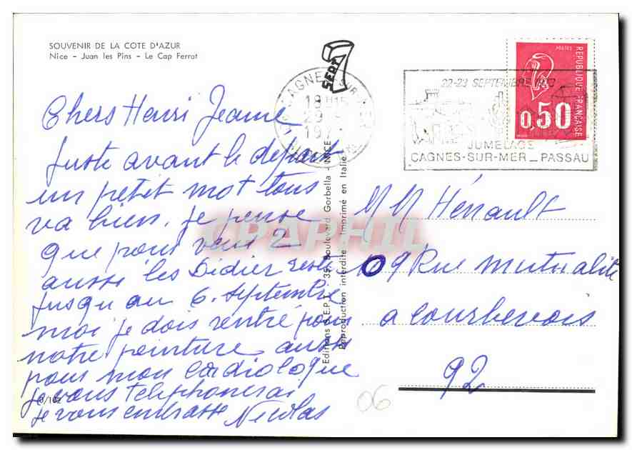 CPM Souvenir de la Cote d'Azur Nice Jean les Pins le Cap Ferrat  — Rückseite