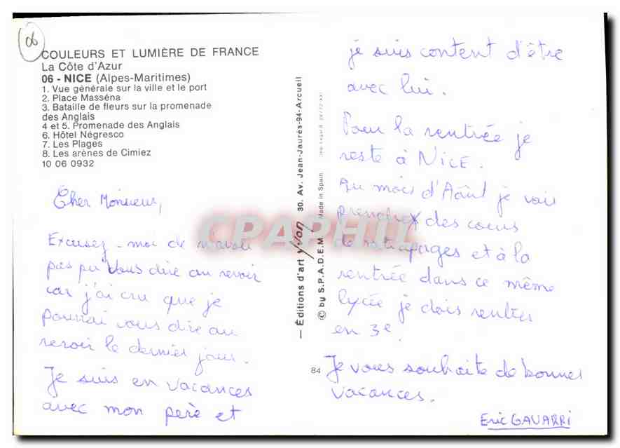 CPM La Cote d'Azur Nice Alpes Maritimes vue generale sur la Ville et le port Place Massena Bataille  — Rückseite