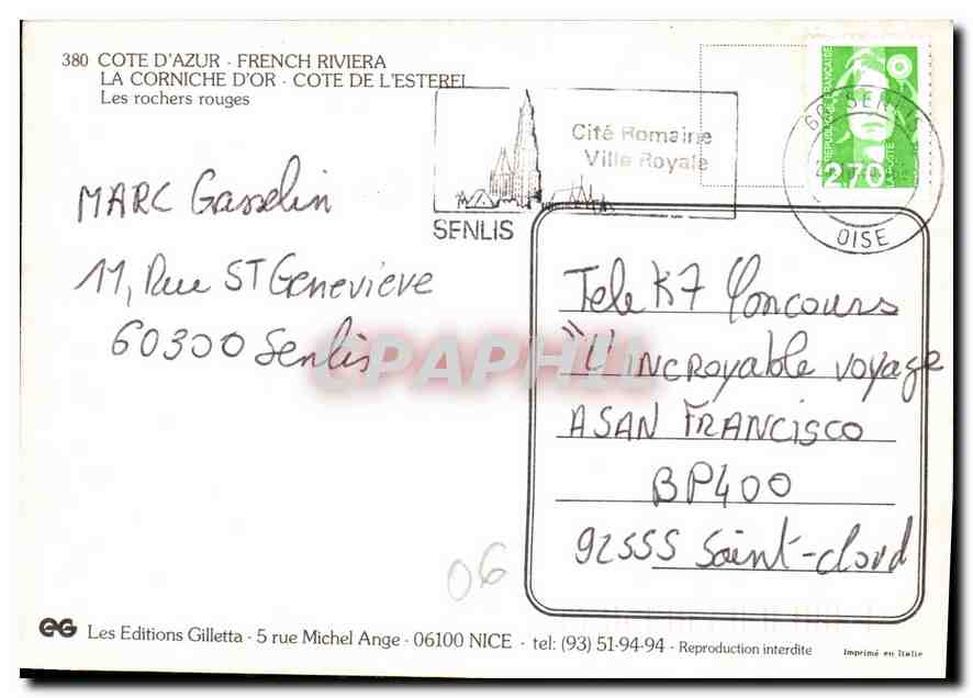 Les rochers rouges — Côte d'Azur, French Riviera — Les Editions Gilletta, n° 380 — Verso