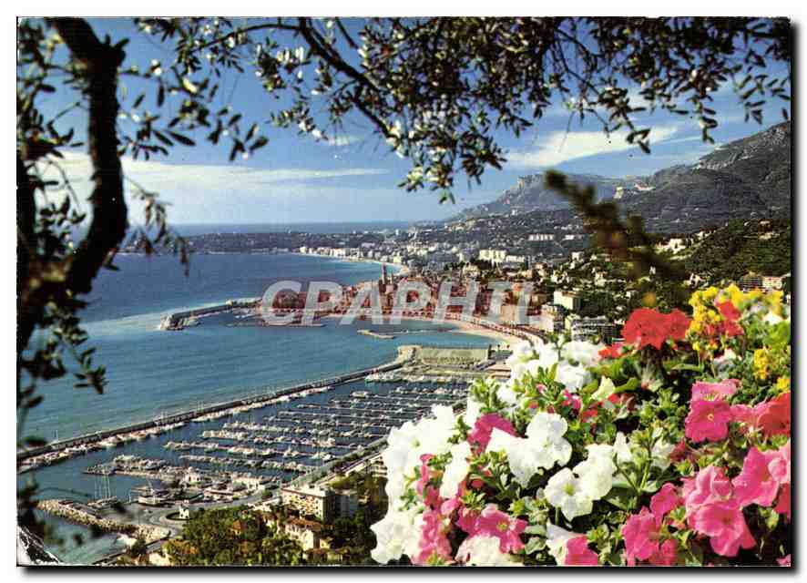 Menton — Vue panoramique sur le nouveau port, la vieille ville, le Cap Martin et la Tête de Chien — Editions Menton