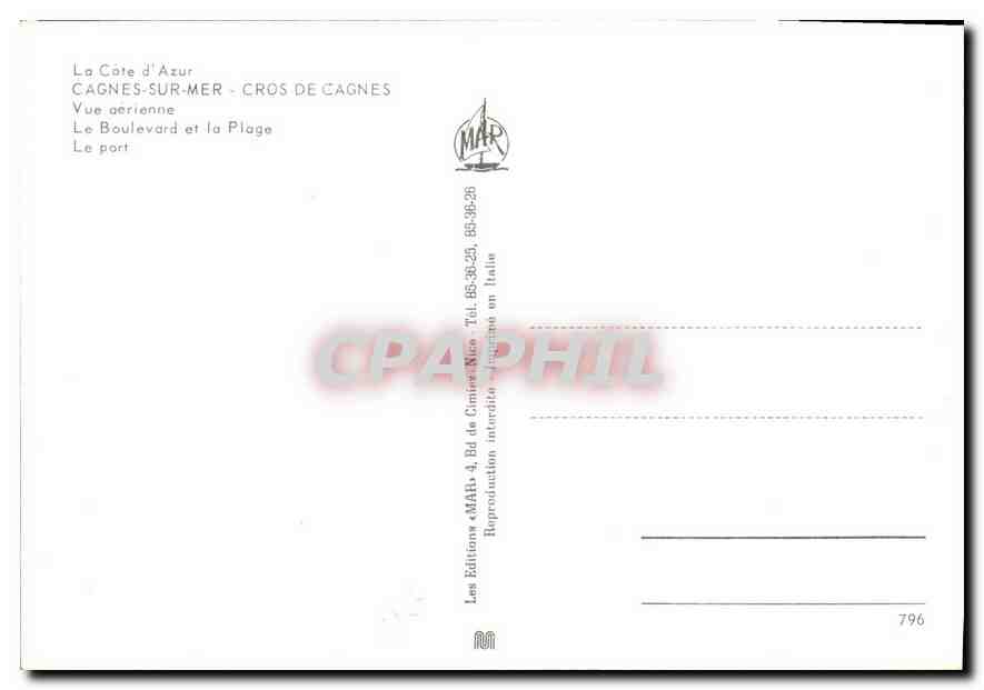 Cagnes-sur-Mer - Cros de Cagnes — Vue aérienne, Boulevard et le port — Éditions « MAR » — Verso
