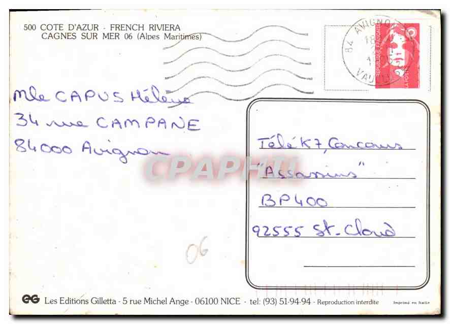 Cagnes-sur-Mer — vue panoramique — Les Editions Gilletta, n° 5 rue Michel Ange, 06100 Nice — Verso