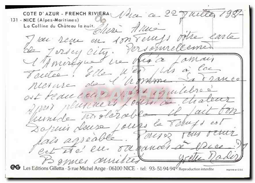 CPM Cote d'Azur French Riviera Nice Alpes Maritimes La Colline du Chateau la nuit  — Rückseite