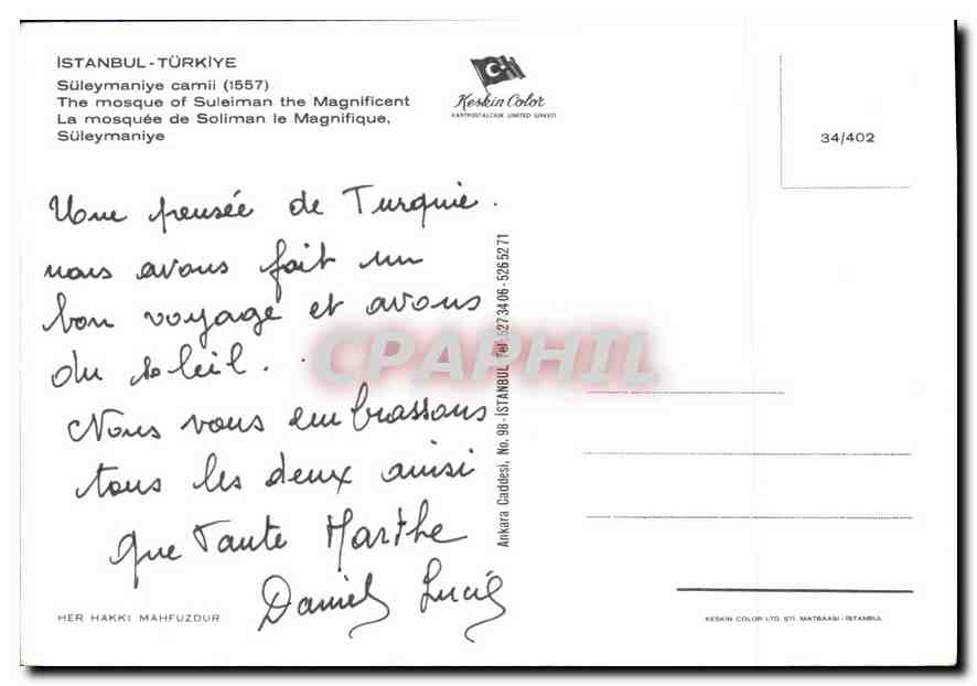 CPM Istanbul Turkey la mosquee de Soliman le Magnifique  — Verso