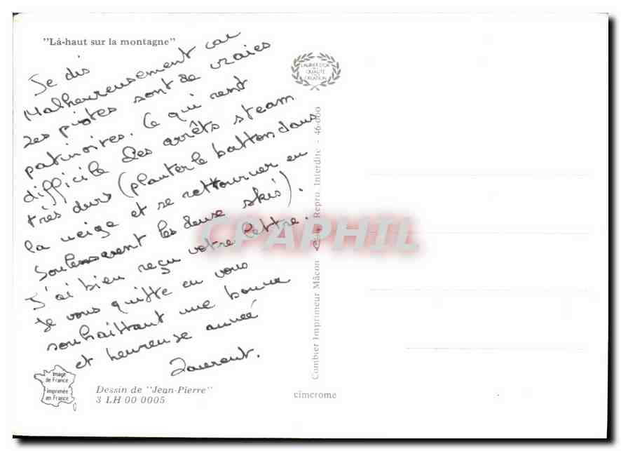 Un bon skieur doit : — caricature humoristique — dessin de Jean-Pierre — Verso