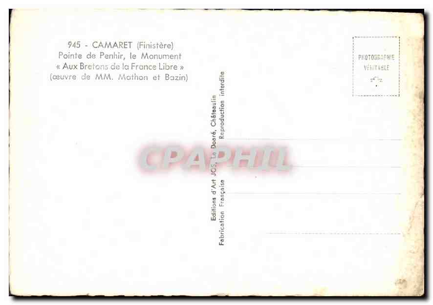 Pointe de Penhir, le Monument « Aux Bretons de la France Libre » — œuvre de MM. Mathon et Bazin — Éditions d'Art JCS, Châteauvin — Rückseite